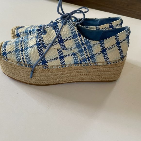 NWOT New Tory Burch Florence Plaid Cavas Basketweave Espadrille Platform Wedge - Picture 2 of 8